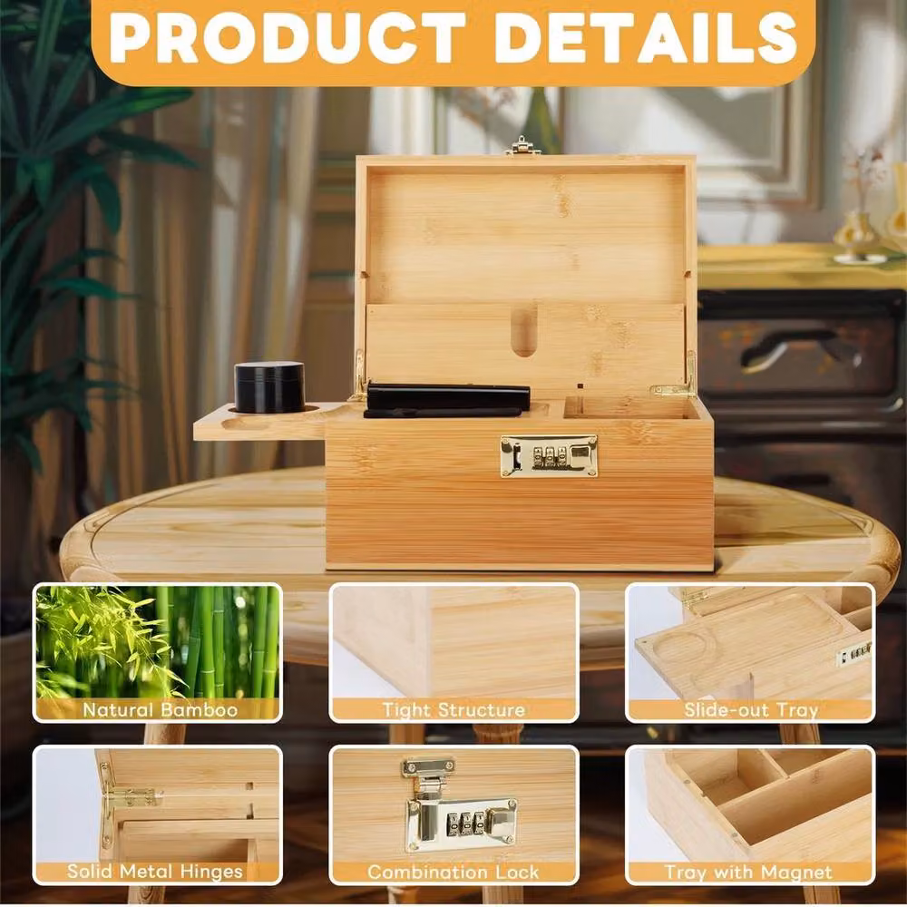NESTLUNE Lockable Bamboo Herb Storage Box with Compartments and Glass in Brown – 2