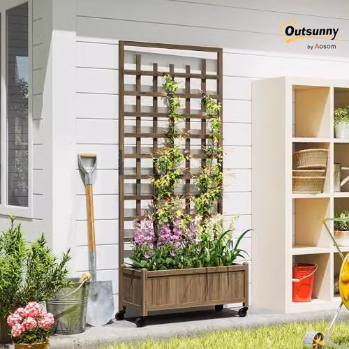 Outsunny Wooden Trellis Raised Garden Bed with Wheels, Brown, W/D/H: 186 x 54 x 35 cm – 2