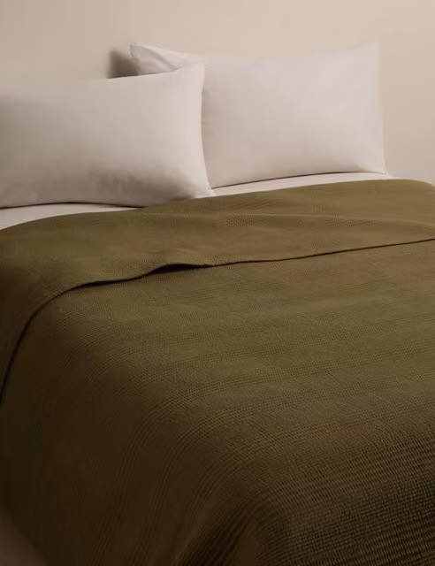 M&S Cotton Rich Ribbed Reversible Bedspread in Linen Moss Green