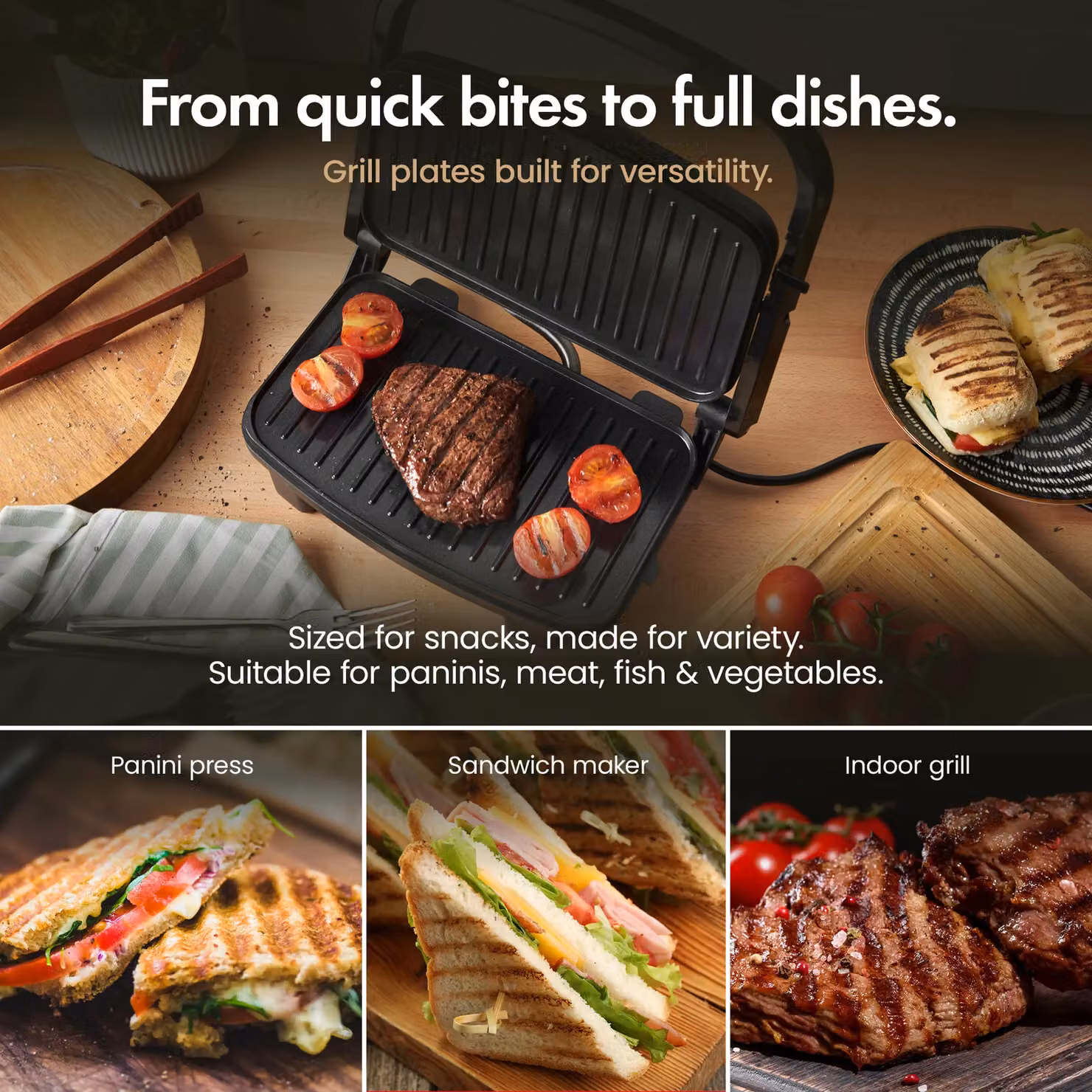 VonShef Two Slice Non-Stick Panini Press Grill in Black with Ceramic Coating and Overheat Protection – 3