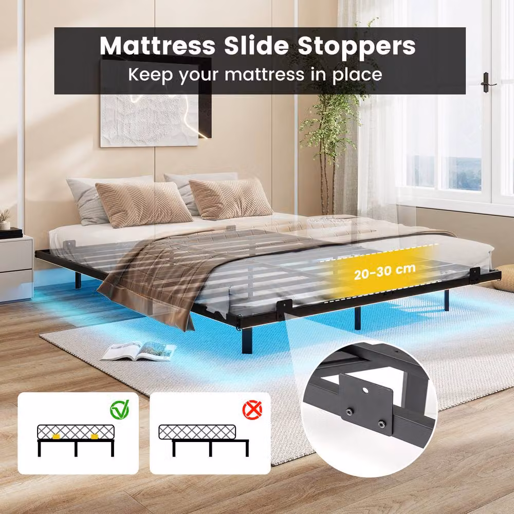Costway King Size Modern Metal Floating Bed Frame with LED Under-Bed Lighting in Black, 180 x 200 cm – 6