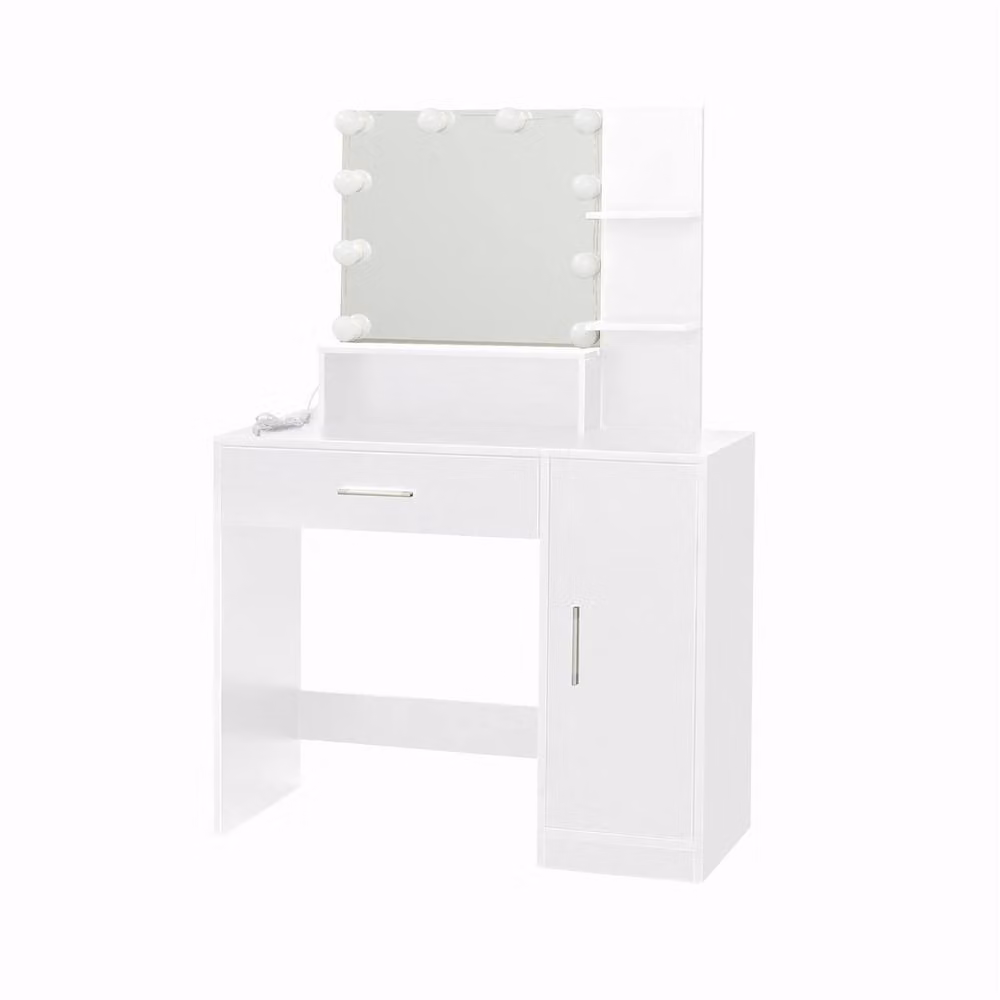 Home Source Modern White Dressing Table with LED Hollywood Mirror and Stool Set – 2