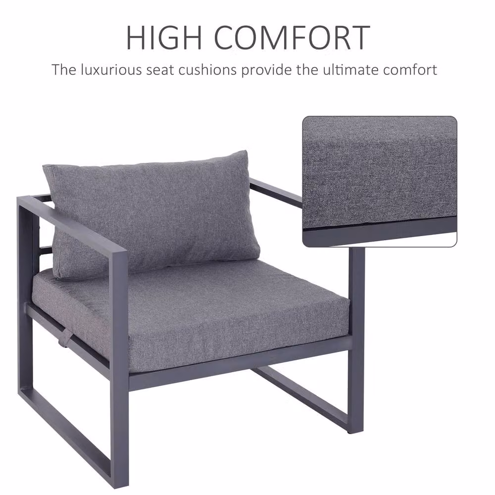 Outsunny 6 Piece Grey L-Shape Garden Sectional Sofa Set with Powder Coated Aluminium Frame, Coffee Table and Ottoman – 5