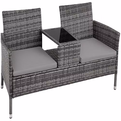 tectake Poly Rattan Outdoor Bench with Integrated Table and Cushions, Grey, W/D/H: 133 x 63 x 84 cm – 1