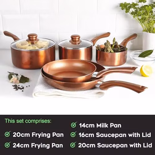 Cermalon 5-Piece Copper Collection Cookware Set with Ceramic Non-Stick Coating in Bronze and Copper, including 2 Frying Pans and 3 Saucepans, Compatible with All Hob Types, PTFE and PFOA Free – 3