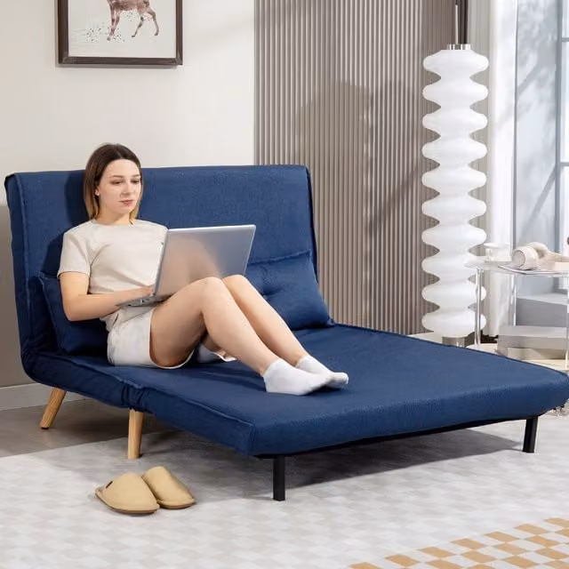 HOMCOM 2 Seater Click Clack Sofa Bed with Scatter Cushions, Blue Upholstered Fabric, 140 x 200 cm