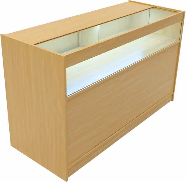 Monstershop B1500 LED Retail Shop Counter in Maple Beige with Glass Sliding Doors and Integrated Lighting – 1
