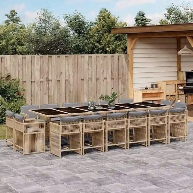 Berkfield Home 17 Piece Modern Poly Rattan Garden Dining Set with Cushions and Glass Top in Beige