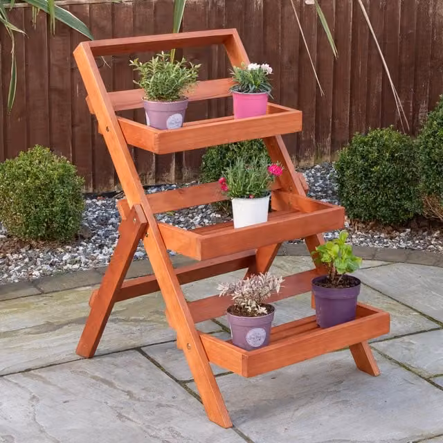 Samuel ALEXANDER 3 Tier Rustic Brown Oiled Wood Foldable Garden Plant Pot Holder Display Stand W/D/H: 75 x 75 x 92 cm – 1