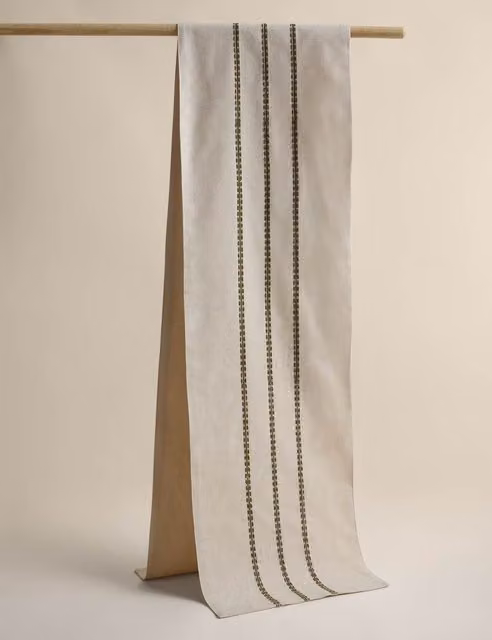 M&S Cotton Rich Striped Table Runner in Green and Beige with Linen Olive