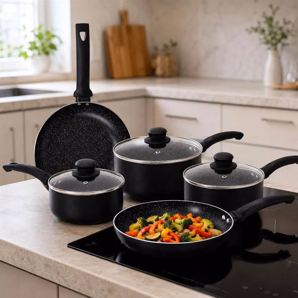 FORGEVIO Black Marble Ceramic Non Stick Induction Saucepan and Frying Pan Set with Lids – 2