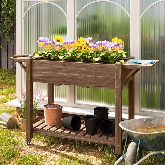 Outsunny Raised Wooden Planter with Lockable Wheels in Brown Carbonised Finish