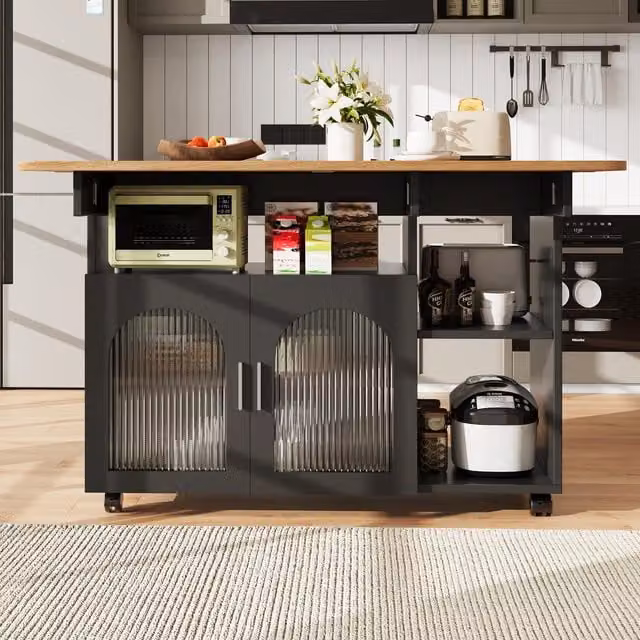 Aosom UK Multifunctional Mobile Kitchen Island with Folding Dining Tops and Storage, Black, W/D/H: 120 x 30-70 x 79.5 cm – 1