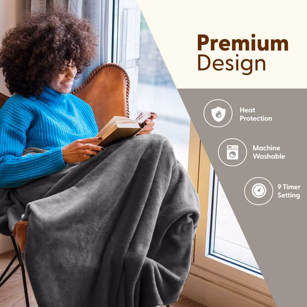 Keplin Large Electric Heated Throw Blanket in Grey, Fleece and Sherpa Wool Duvet with 9 Heat Settings and Timer, W/D/H: 160 x 130 x 130 cm – 3