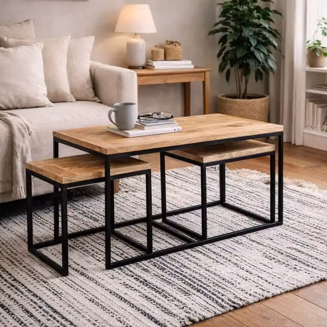 Wyld Haus Toivakka Set of 3 Industrial Reclaimed Wood Nesting Coffee Tables in Brown