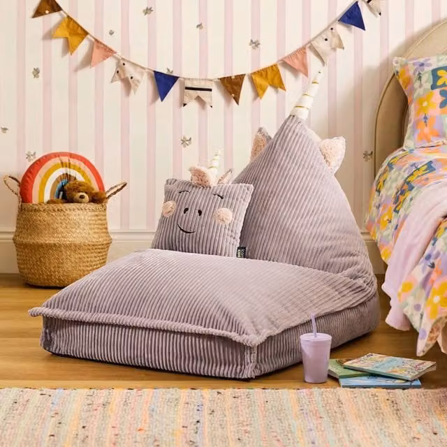 icon Kids Animal Print Bean Bag Lounger and Cushion Bundle in Lavender Corduroy
