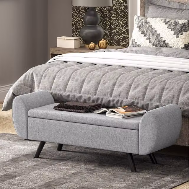 HOMCOM Grey Upholstered Storage Ottoman Bench with Armrests