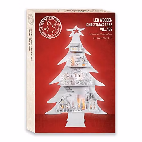 The Christmas Workshop 81310 LED Wooden Christmas Tree Village in White, W: 60 cm, D: 40 cm, H: 8.5 cm – 3