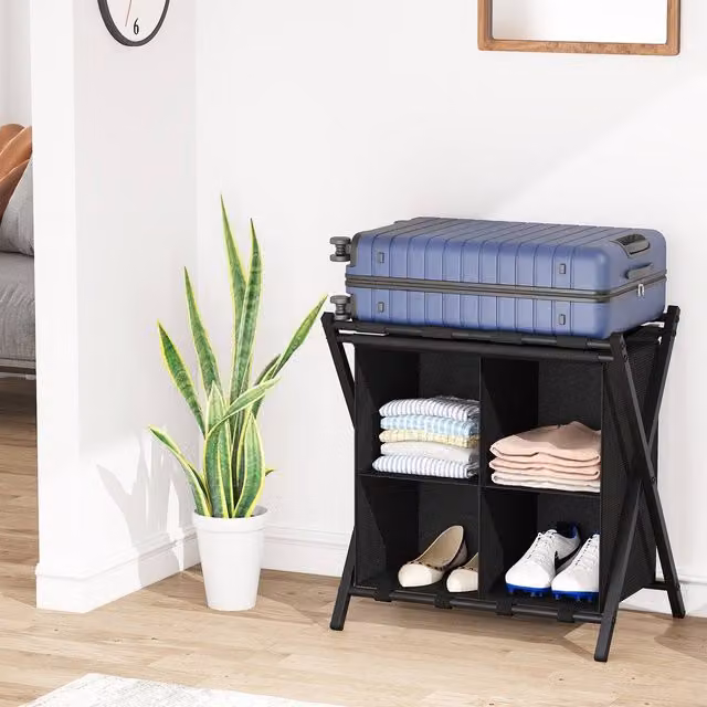 Huhote 2-Tier Metal Luggage Rack with Storage Shelf in Black – 1