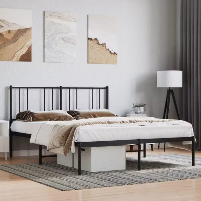 Berkfield Home Metal Bed Frame with Headboard in Black, W/D/H: 150 x 200 cm