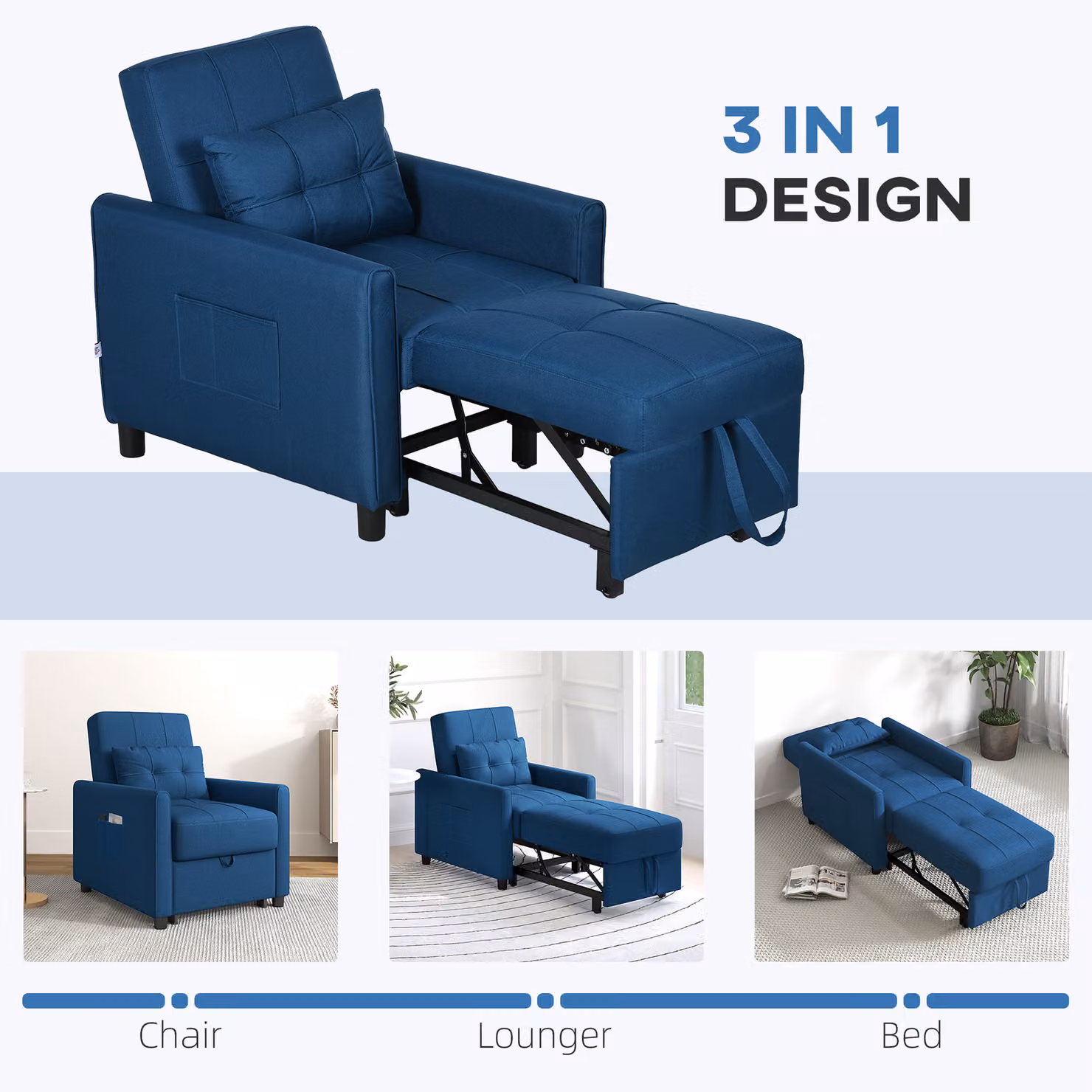 HOMCOM 3-in-1 Convertible Chair Bed with Adjustable Backrest and Side Pockets, Blue – 6