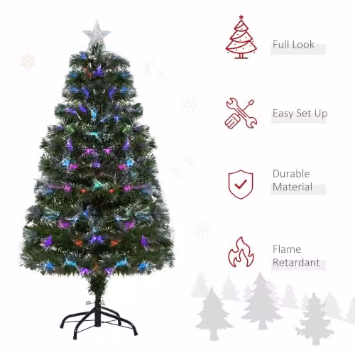 HOMCOM 4ft Green Artificial Christmas Tree with Multicolour LED Fibre Optic Lights and Metal Stand – 3