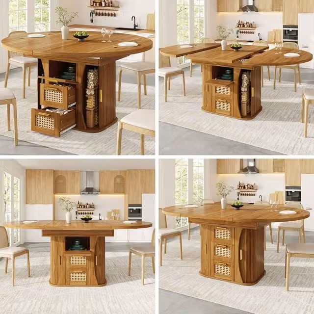 Rolipo Extendable Dining Table with Rattan Storage Drawers in Brown