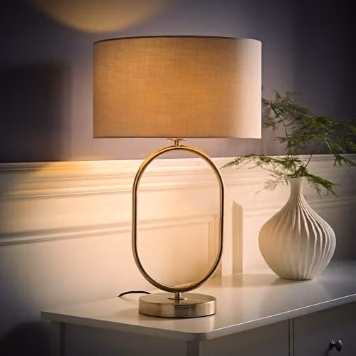 ValueLights Antonia Grey Fabric Oval Table Lamp with Brushed Chrome Base – 2
