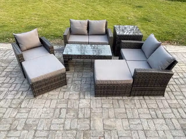 Fimous 7 Seater Outdoor Rattan Patio Furniture Set in Dark Grey Mixed with U-Shape Sofa, Coffee Table and Ottomans