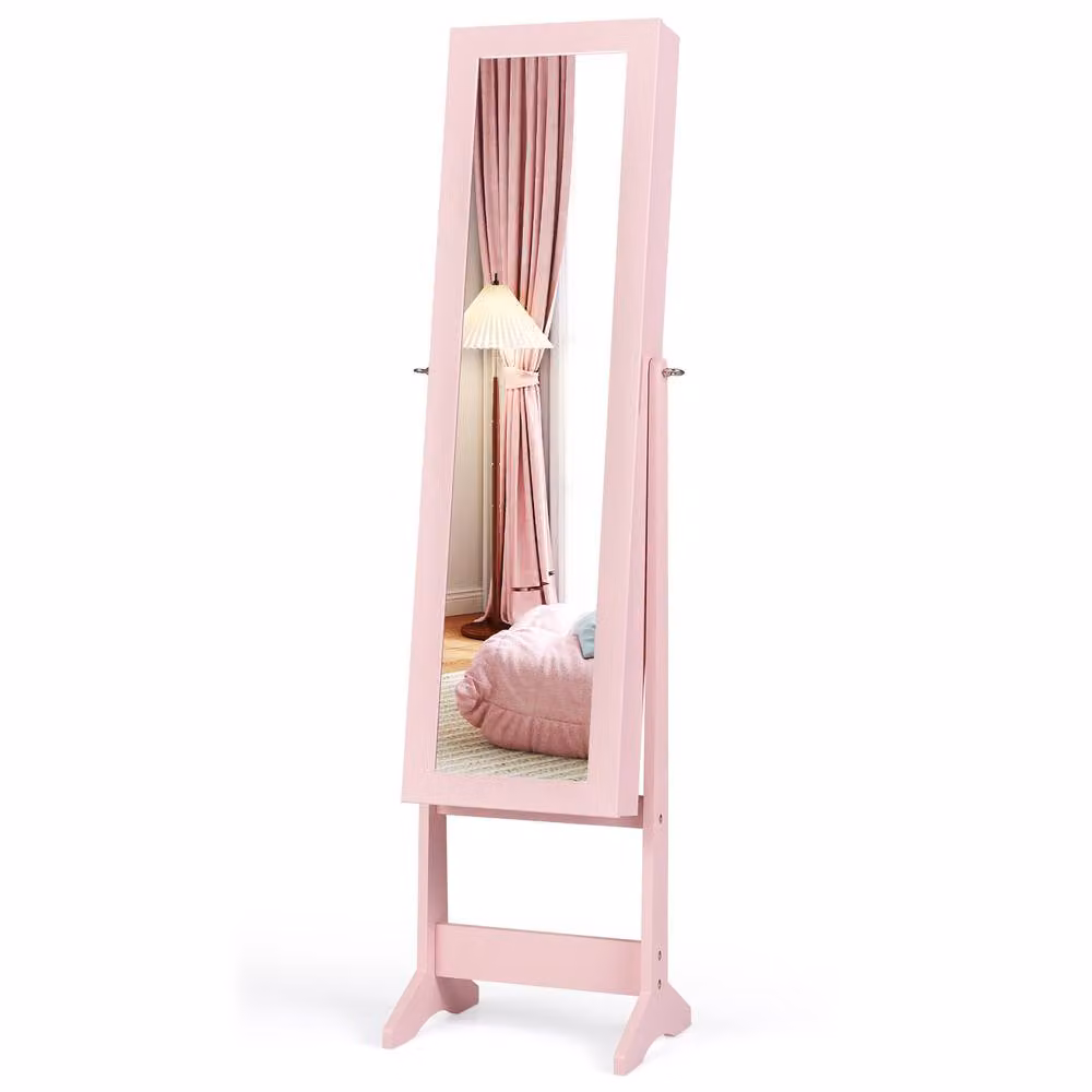 Costway Pink Glossy Mirrored Jewelry Armoire with Hinged Doors and Internal Shelves – 3