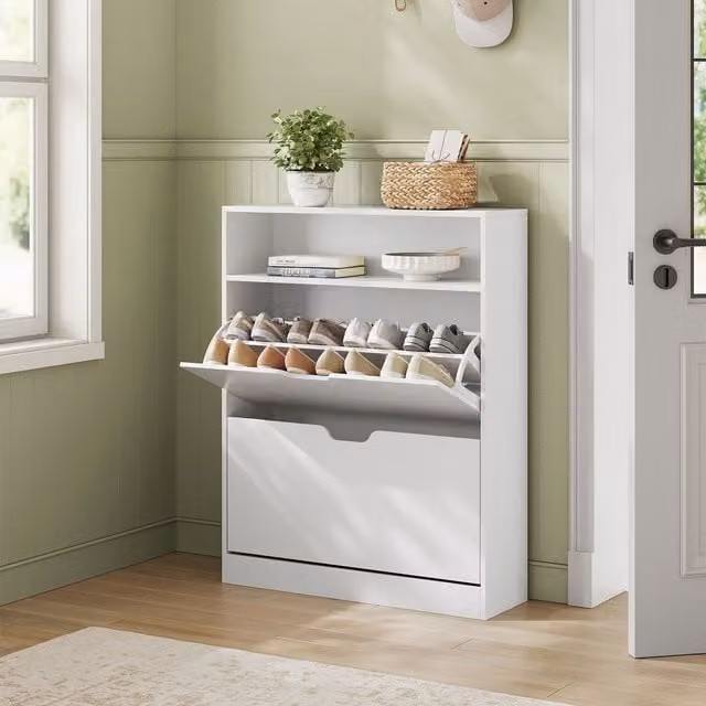 VASAGLE Modern White Wide Shoe Cabinet with 2 Tilting Compartments and Internal Shelves – 1