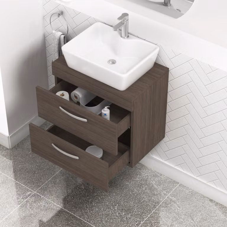 Royal Bathrooms Grey Elm Wall Hung Vanity Unit with 2 Drawers and Cube Countertop Basin, Width: 60 cm