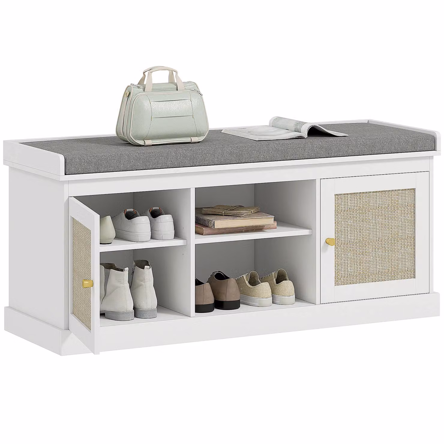 HOMCOM Boho Rattan Shoe Storage Bench with Padded Fabric Cushion in White and Gold – 2