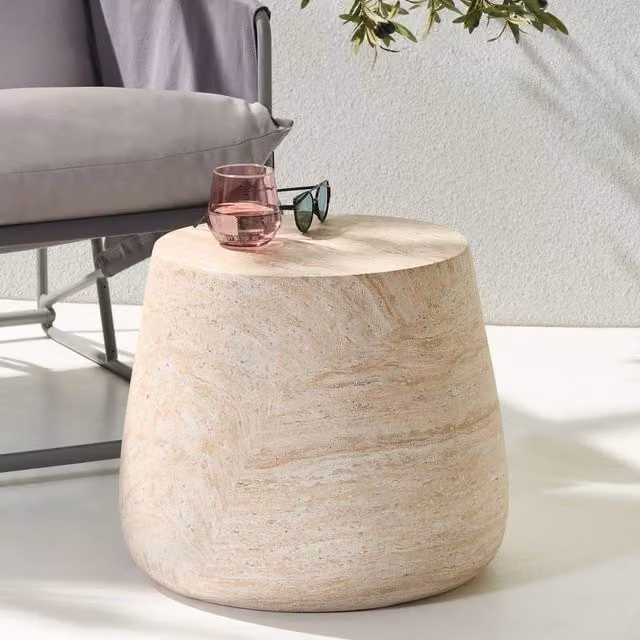 Wyld and Coco Luxe Round Ceramic Side Table in Beige with Travertine-Effect Matt Finish – 1