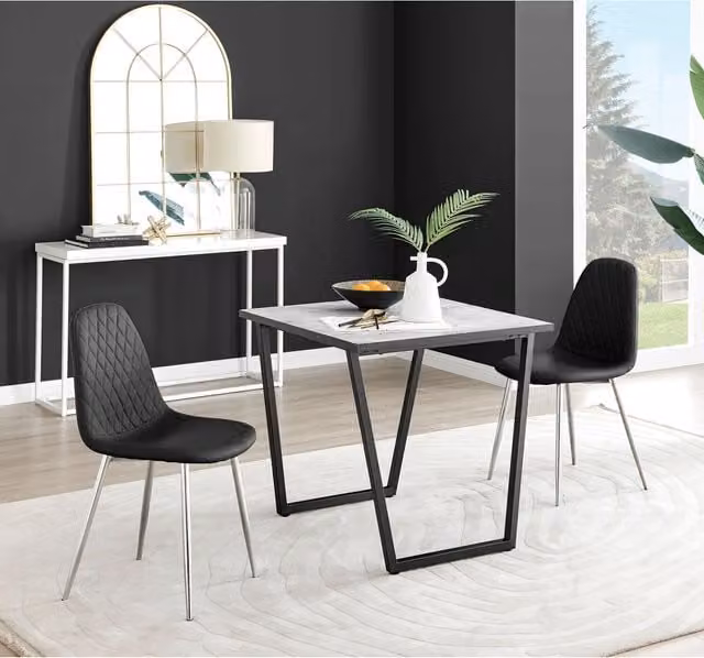 FurnitureboxUK Carson White Marble Effect Square Dining Table and 2 Corona Silver Faux Leather Chairs in Black