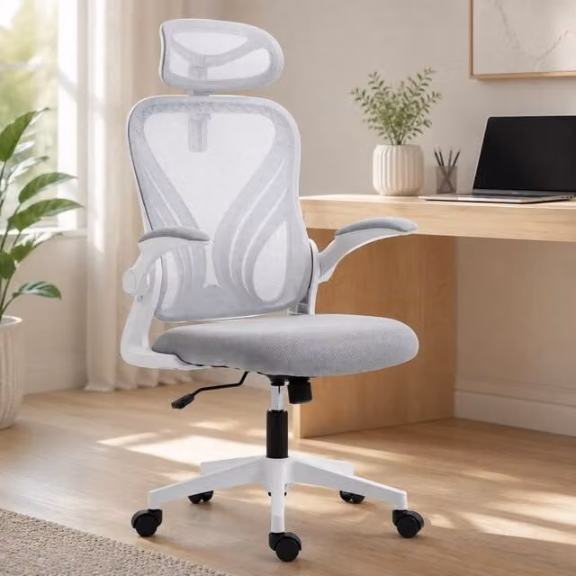 STILVORA Modern Grey Fabric Office Task Chair with Headrest and Armrests – 1