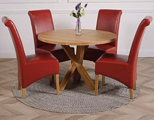 Thats Furniture Oregon Round Oak Dining Table and 4 Montana Red Leather Chairs Set, Diameter: 110 cm