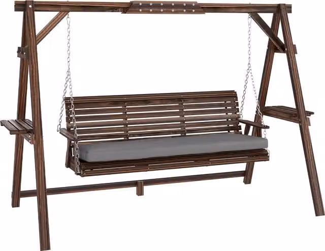 Outsunny 3 Seater Wooden Garden Swing Seat with Cushions and Side Trays, Carbonised Brown – 1
