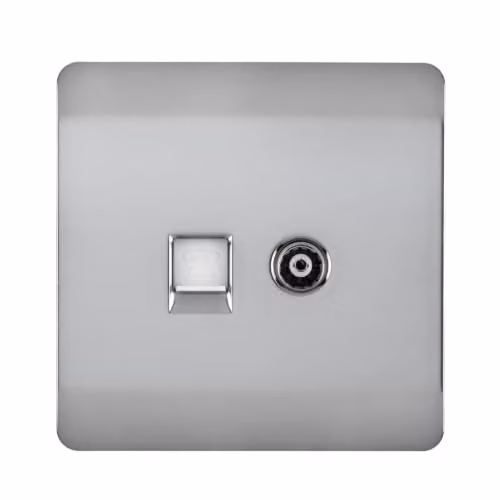 Trendi Switch 2 Gang Combination TV Co-Axial and RJ45 Cat 6 Ethernet Sockets in Brushed Steel Silver Art-TV+PC6BS