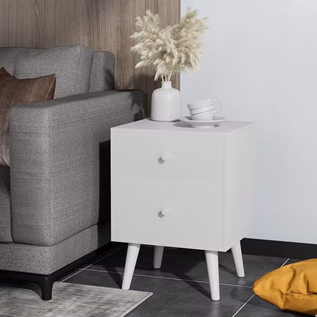 Costway Modern 2-Drawer Bedside Table in White