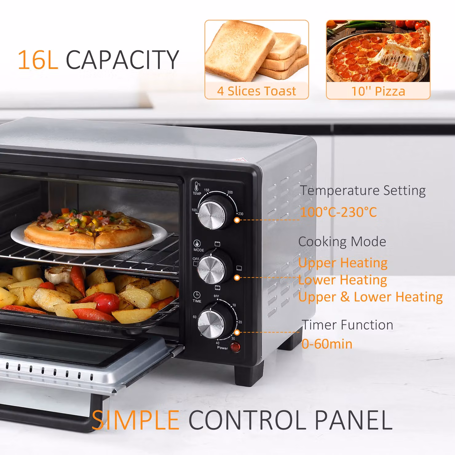 HOMCOM 16L Countertop Mini Oven with Grill and Timer, Silver – 4