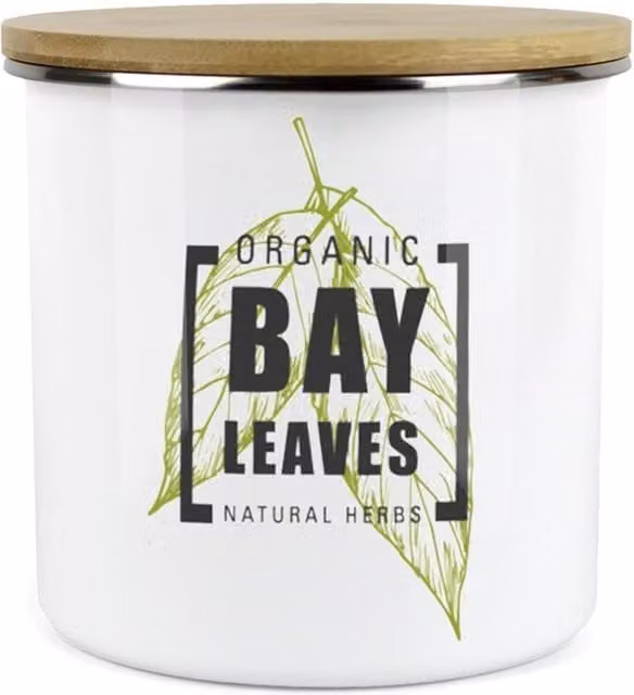 Purely Home Green Label Herbs Storage Canister - Bay Leaves - White and Green Enamel Metal