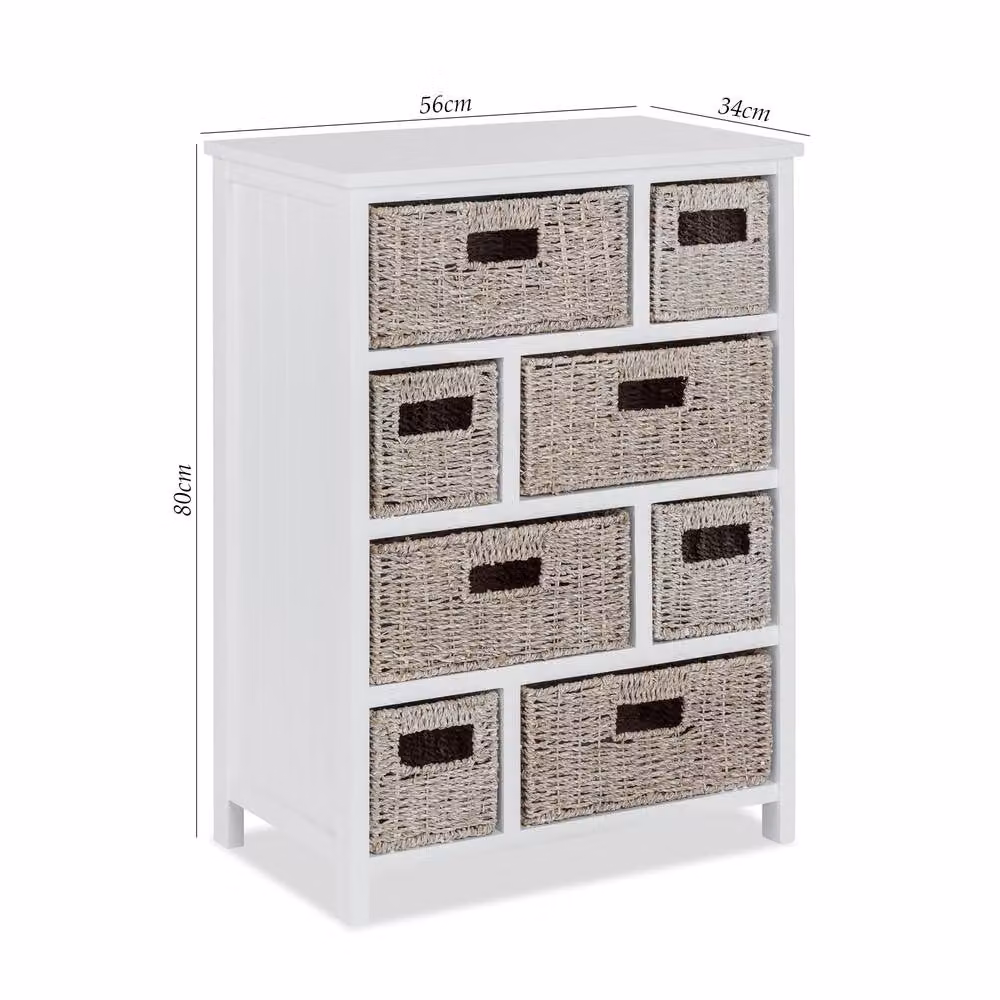 Tetbury Statement Furniture 8 Drawer Storage Unit in White with Whitewash Seagrass Baskets, W/D/H: 80 x 34 x 56 cm – 2
