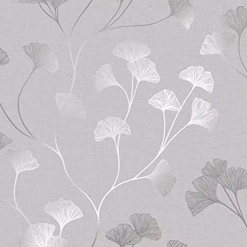 Rasch Glistening Ginkgo Grey and Silver Botanical Floral Paper Wallpaper Roll