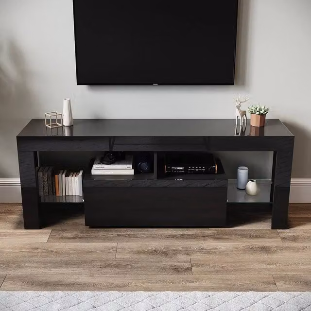 ERGOVEXA Modern Black Glossy LED TV Stand Cabinet with Integrated Lighting, W: 140 cm, H: 52 cm, D: 35 cm – 1
