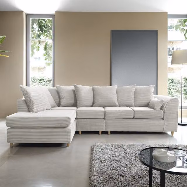 Abakus Direct Jumbo Cord Large L-Shape Corner Sofa in White with Scatter Cushions