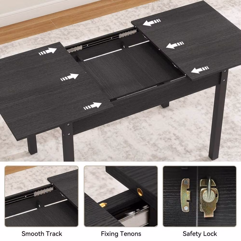 Kelvenix Modern Extendable Rectangular Dining Table in Matt Black Wood, W/D/H: 110 x 70 x 75 cm (Extends to 150 cm) – 3