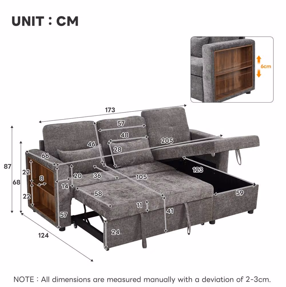 STILVORA Reversible L-Shaped Convertible Sofa Bed with USB Charging and Storage in Grey – 3