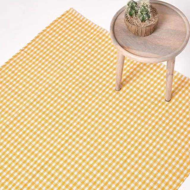 Homescapes Hand Woven Cotton Gingham Check Rug in Yellow, W: 110 cm, L: 170 cm
