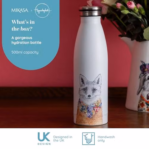 Mikasa Tipperleyhill Vacuum Insulated Stainless Steel Water Bottle with Fox Illustration, White and Multicolour, 500ml – 2